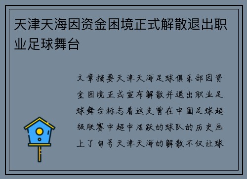 天津天海因资金困境正式解散退出职业足球舞台