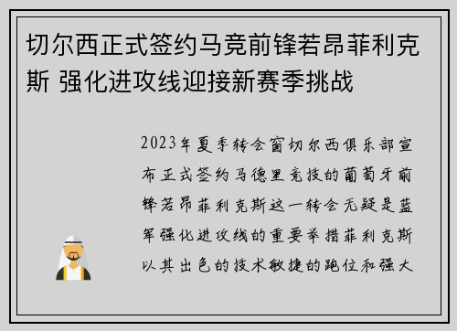 切尔西正式签约马竞前锋若昂菲利克斯 强化进攻线迎接新赛季挑战
