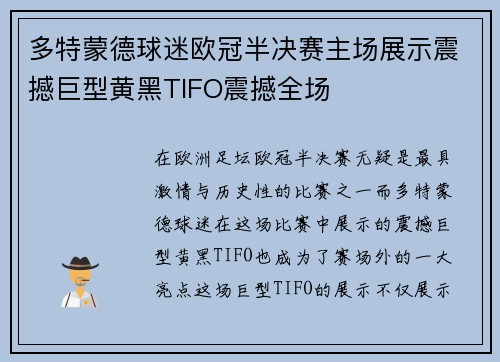 多特蒙德球迷欧冠半决赛主场展示震撼巨型黄黑TIFO震撼全场